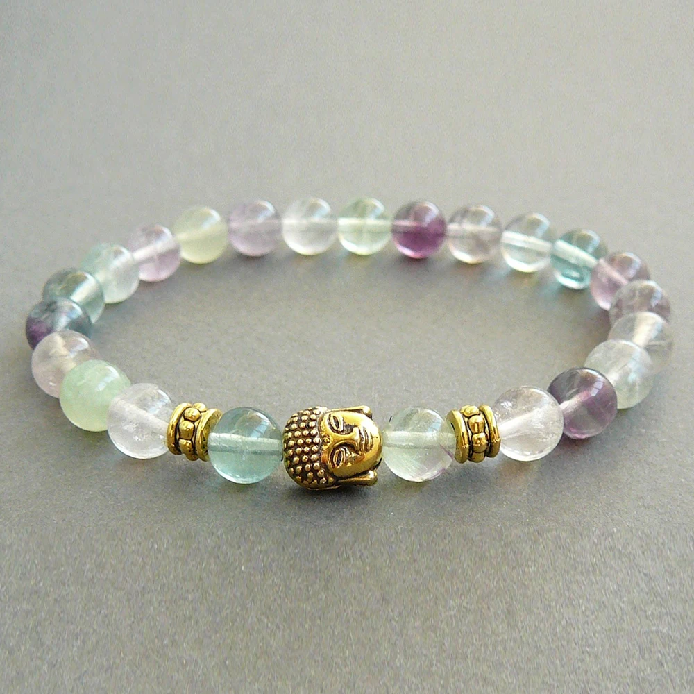 MG0419 New Design Buddha Head Bracelet A Grand 8 mm Fluorite Bead Energy Bracelet Good Luck Heart Chakra Yoga Bracelet