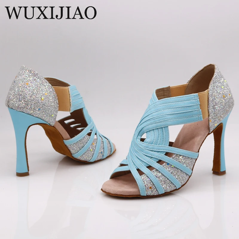 Latin dance shoes women\'s wide with blue pink green fluorescent PU flash cloth salsa dance performance ballroom dance shoes
