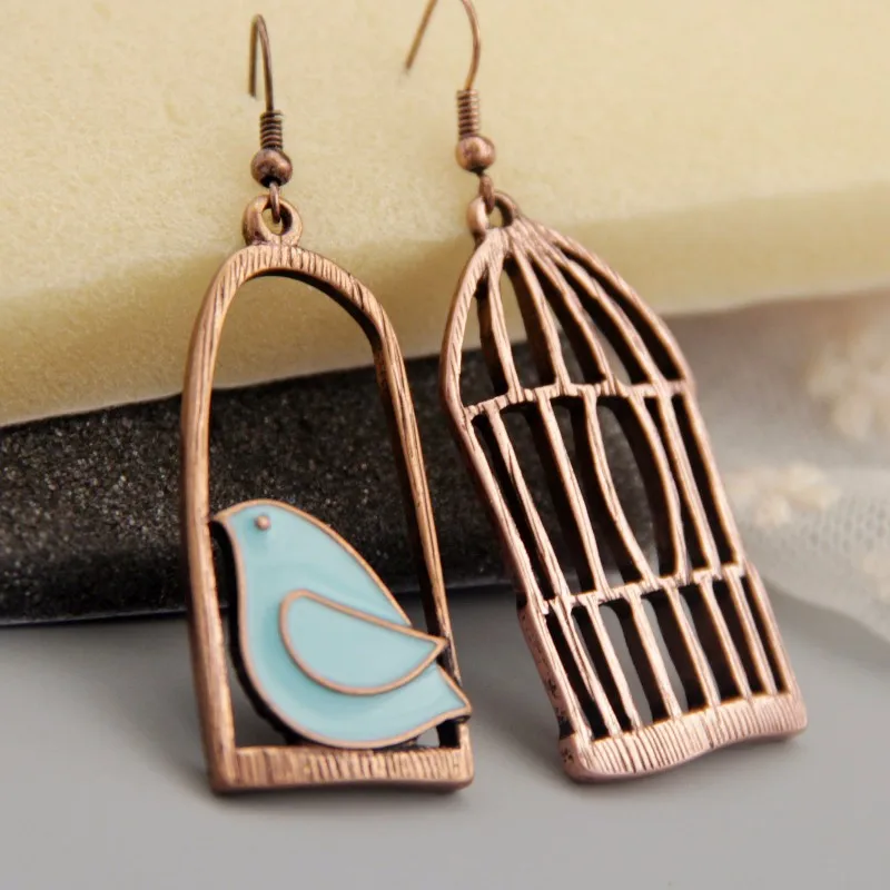 Fashion Bird And Bird-Cage Asymmetric Drop Earrings blue Oil Bird simple For Women Alloy Bird Cage Dangle Brincos ear Earrings