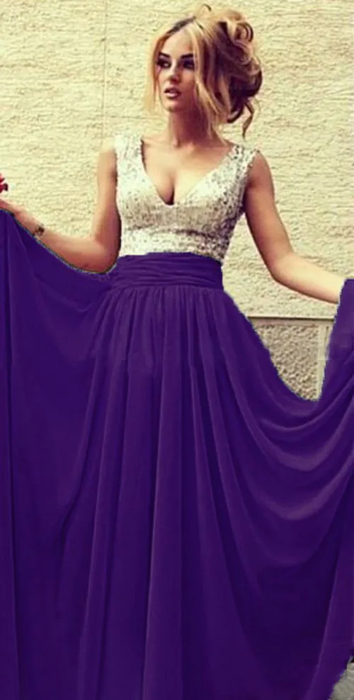 2017 hot Cheap Bridesmaid Dresses Under 50 A-line Deep V-neck Champagne Chiffon Sequins Long Wedding Party Dress plus size 2-26w