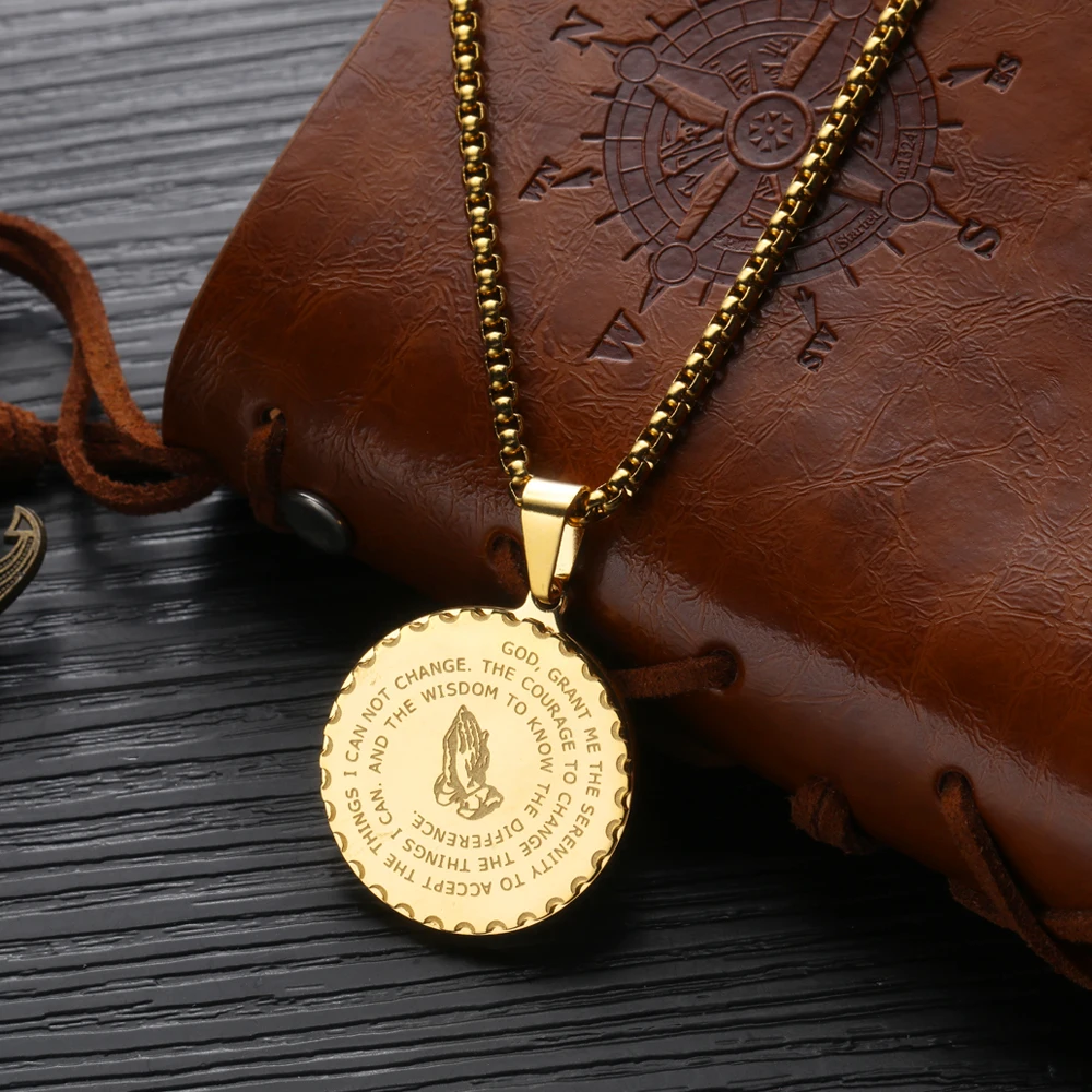 Golden Bible Coin Medal Praying Hands Necklace Pendant & Stainless Steel Chain Religious Prayer Christian Jewelry Dropshipping