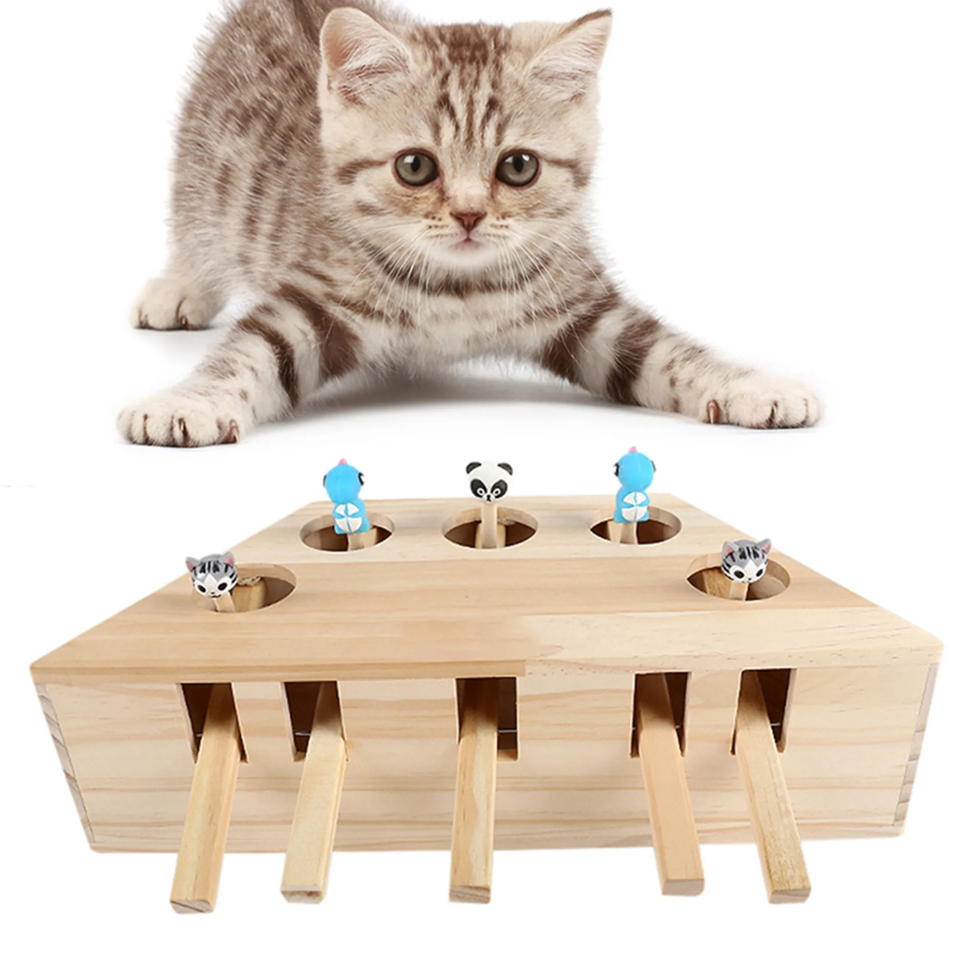 

Cat Toy Chase Mouse Solid Wooden Interactive Maze Pet Hit Hamster With Three Five Holes Mouse Hole Catch Bite Catnip Funny Toy