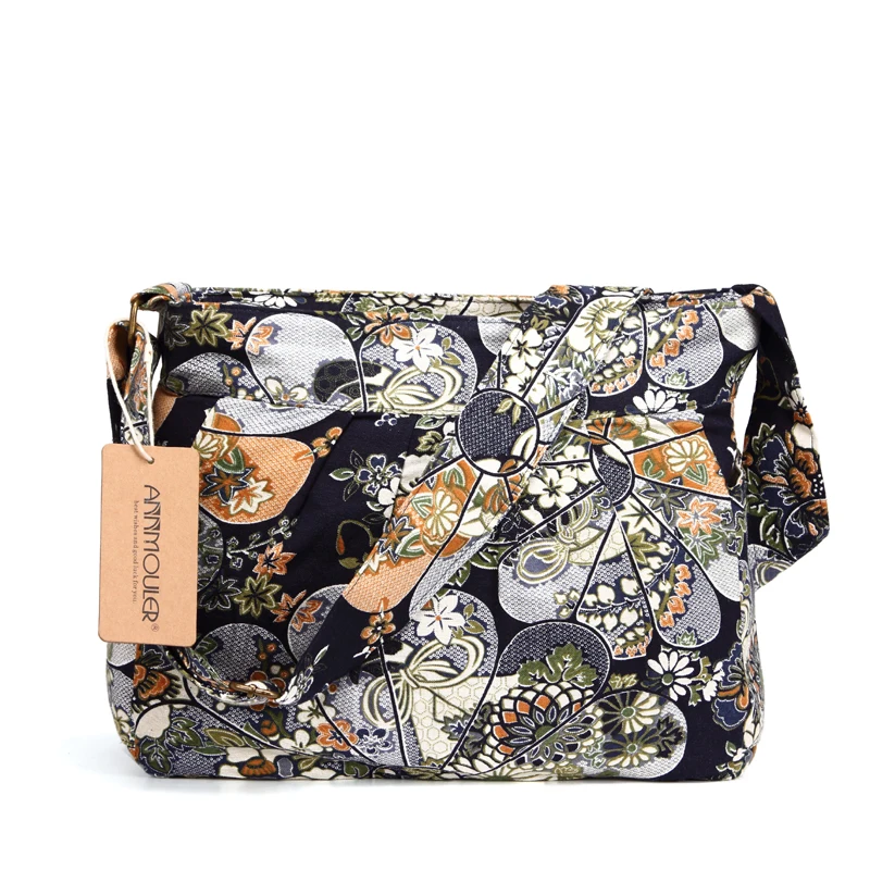 Annmouler Women Vintage Shoulder Bags Floral Printed Crossbody Messenger Bag Cotton Gypsy Bag Soft Hobo Bag with 2 Pockets