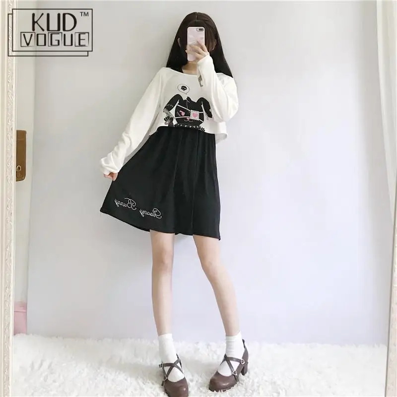 Vestido Lolita de conejo de cómic negro para adolescentes japoneses, traje de 2 piezas, vestido de algodón dulce, conjunto de manga larga con