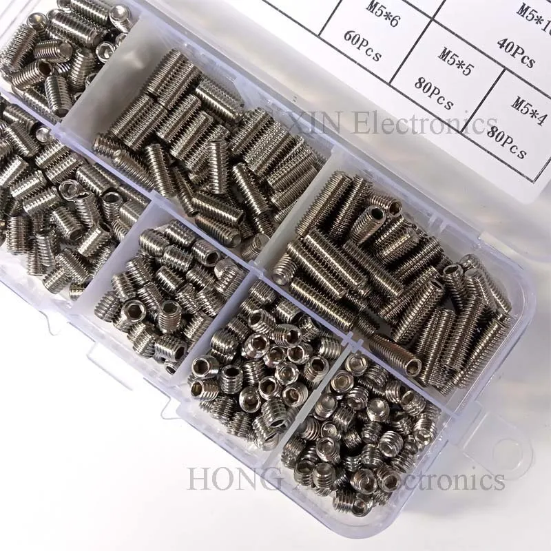 400Pcs/set Stainless Steel Wood Screws Allen Head Socket Hex Set Grub Screw Assortment Cup Point Assortment M5*4/5/6/8/10/12/16