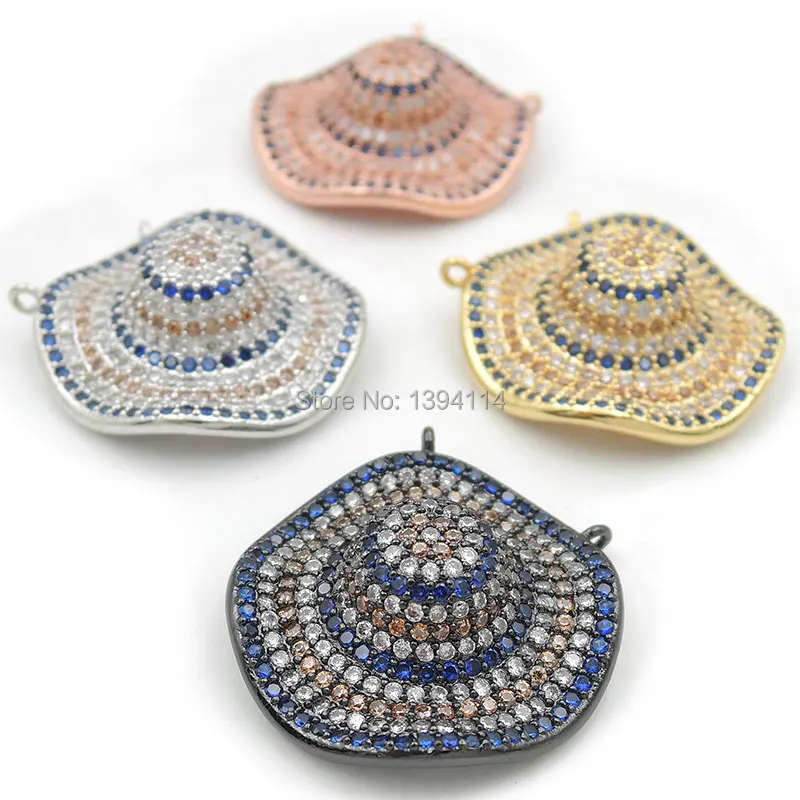 

25*25*10mm Micro Pave Blue&Clear&Yellow CZ Wavy Brim Hat Charm Of Double Circles Fit For Women As Necklaces Accessory