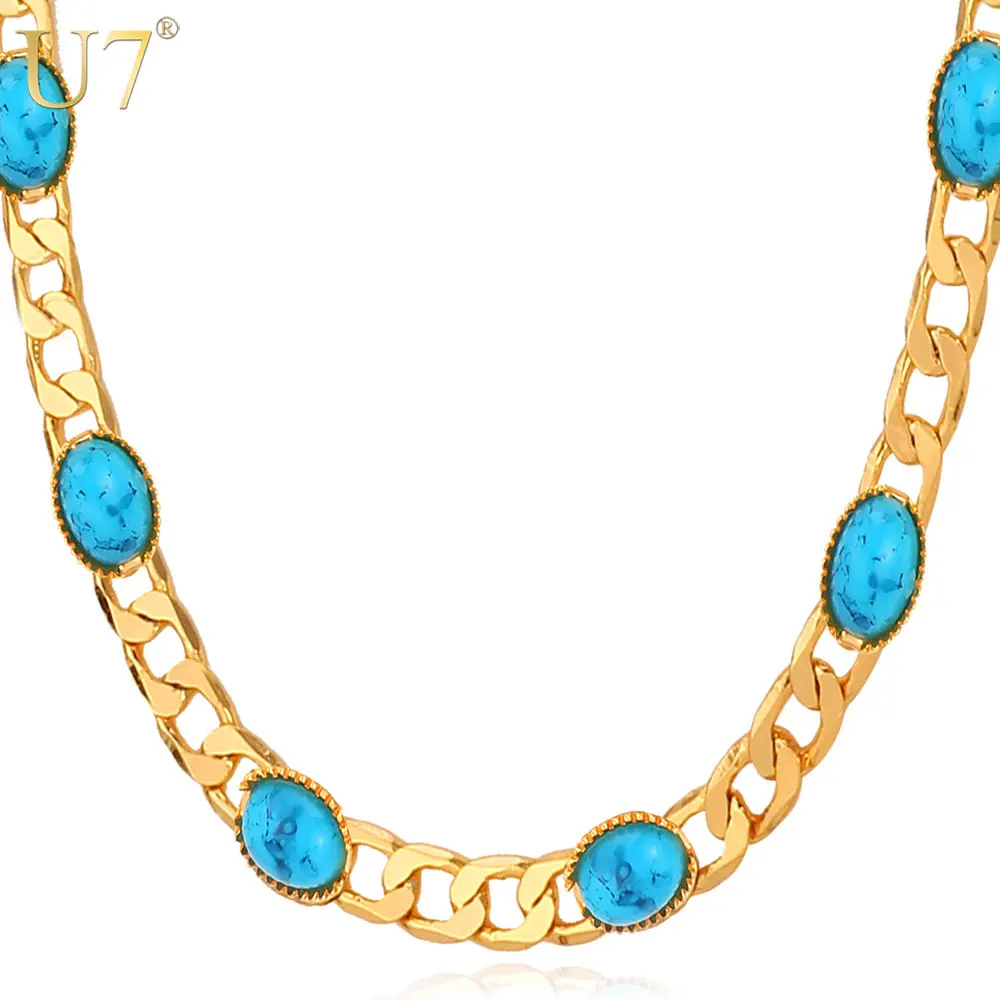 U7 Trendy Gold Color Oval Blue Turquoise Stone Women/Men Jewelry Wholesale 22 Inch Link Chain Necklace N388