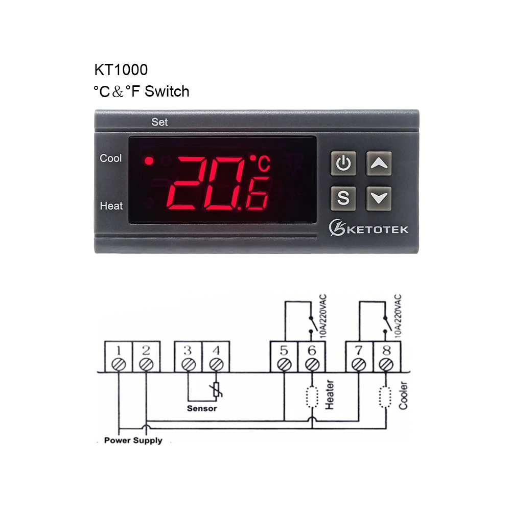 KT1000 Digital Temperature Controller 10A C/F 12V 24V 220V Two Relay Incubator Temperature Thermostat With Heater And Cooler