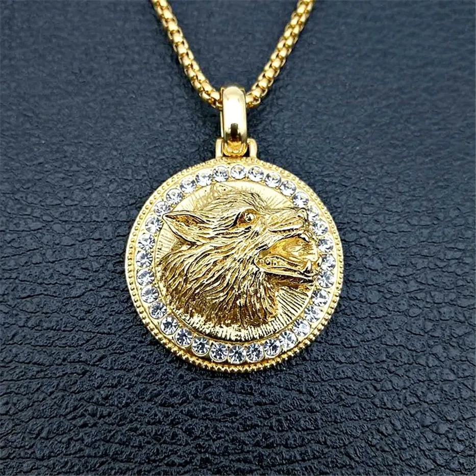 Iced Out Wolf Head Necklaces Pendants For Women/Men Gold Color Stainless Steel Rhinestones Necklace Hip Hop Bling Jewelry