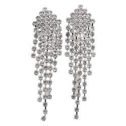 Grace Jun Bridal Silver Plated Crystal Rhinestone Long Tassel Clip on Earring for Women Party Fine Jewelry No Hole Earrings