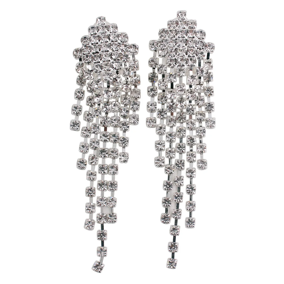 Grace Jun Bridal Silver Plated Crystal Rhinestone Long Tassel Clip on Earring for Women Party Fine Jewelry No Hole Earrings