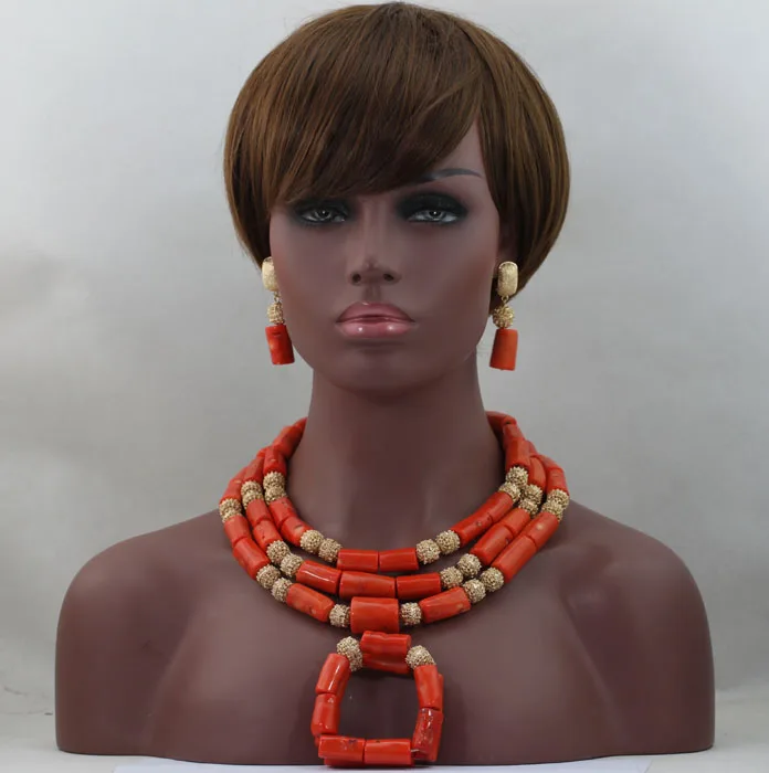 

Nigerian Wedding African Coral Beads Bridal JewelrySets Women Costume Trendy Coral Beads Necklace Jewellery Free Shipping ABL448