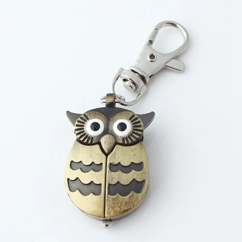 Pocket Fob Watch Mini Metal Key Ring owl Double Open Quartz Alloy Analog Watch Clock Silver for women men