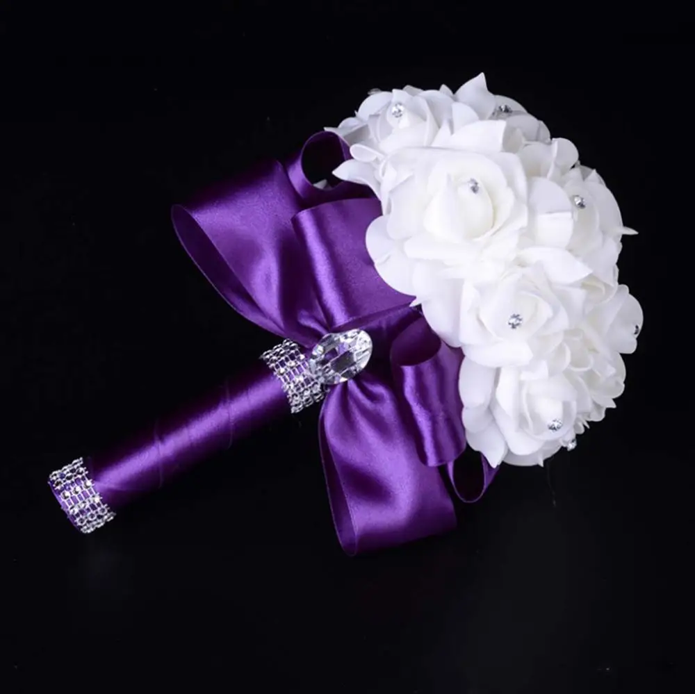 ANTI Cheap Good Quality PE Rose Bridesmaid Wedding Foam flowers Rose Bridal bouquet Ribbon Fake Wedding bouquet de noiva Custom