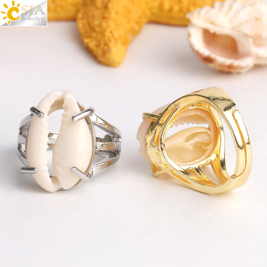 CSJA Natural White Conch Ring for Women Men Seashell Finger Rings Adjustable Silver Color Summer Beach Party Jewellery G057