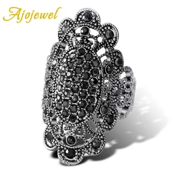 Ajojewel Unique Vintage Jewelry Black Rhinestone Big Rings For Women Ancient Silver Color Female Crystal Party Gift