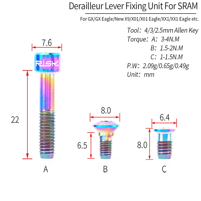RISK 6pcs Titanium Alloy SRAM Derailleur Lever Fixing Screws Bicycle Fixing Bolts for GX/GX Eagle/X9/X01/X01 Eagle/XX1 Eagle/XX1