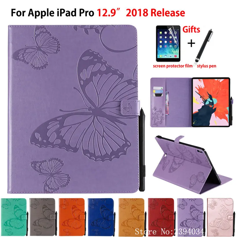 

Case For iPad Pro 12.9 2018 Cover Funda Tablet For iPad Pro 12.9 A1876 A2014 A1895 A1983 butterfly Embossed Pattern +Film+Pen