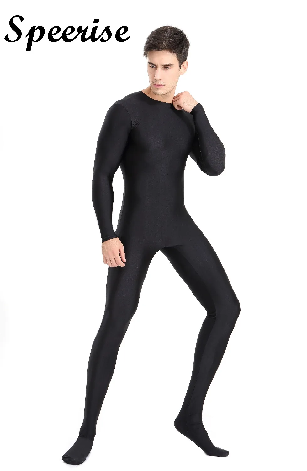 Speerise Mens Full Body Spandex Zentai แขนยาวสีดํา Unitard ผู้ใหญ่ซิปกลับเท้าคอสเพลย์ชุดบอดี้สูท