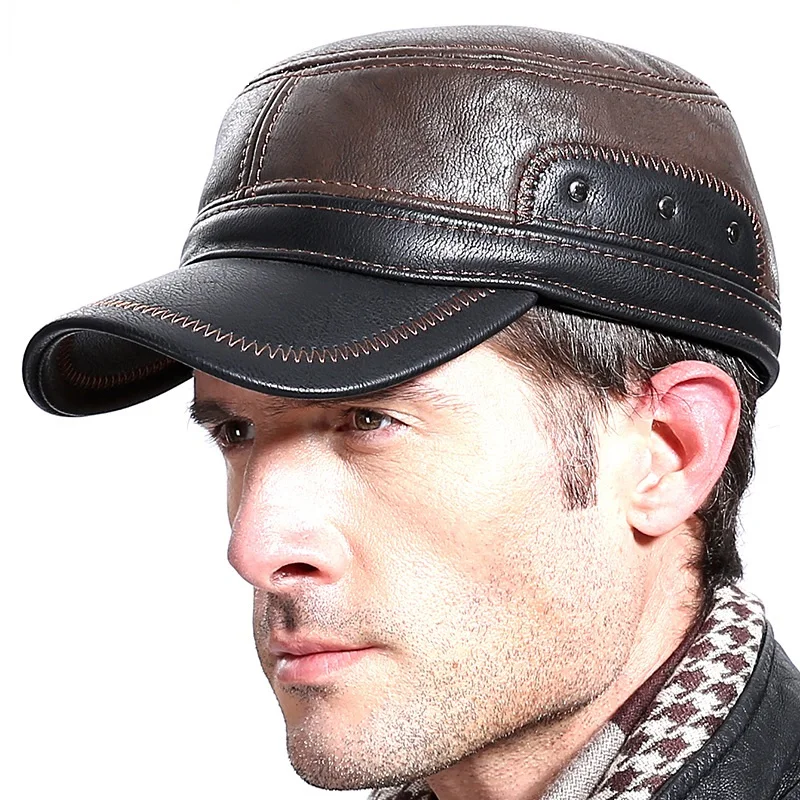 Men\'s Outdoor Leisure Cap Adult Genuine Leather Hat Male Winter Ear Protection Flat Peaked Cap Youth Leisure baseball Cap B7224