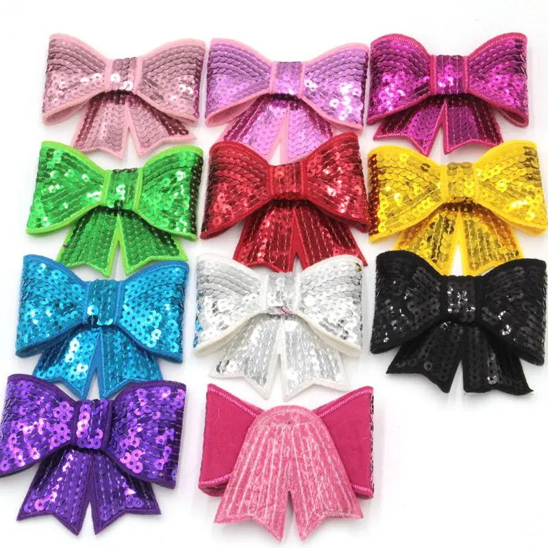 

100Pcs/Lot New Arrival 10Colors 3" Large Sequin Bows Without Clip Embroideried Headwear Baby Girls Children DIY Hair Accessories