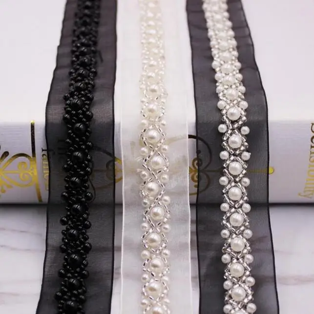 

10yards White Black Handmade Beaded Pearl Lace Trim Organza Mesh Lace Ribbon For Sewing Crafts Clothes Wedding Dress Accessories