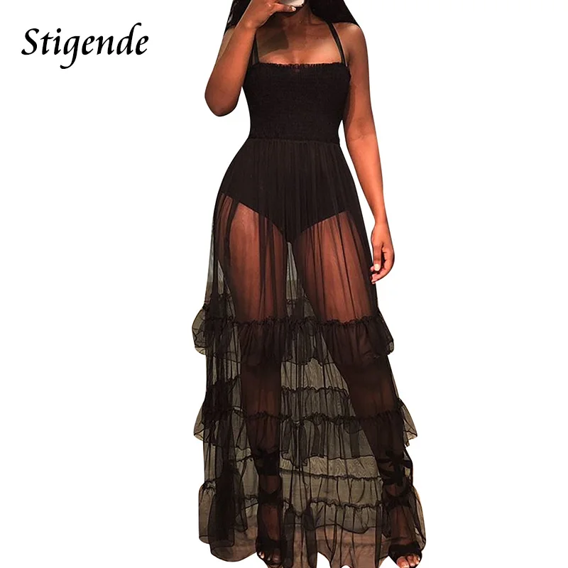 

Stigende Hot Sexy See Through Mesh Long Dress Women Backless Spaghetti Strap Maxi Dress Party Night Clubwear Fit and Flare Dress