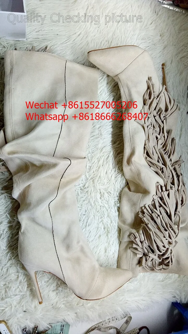 Vendita calda moda nappa stivali alti al ginocchio donna vera pelle frange laterali tacco alto scarpe lunghe in pelle scamosciata a punta