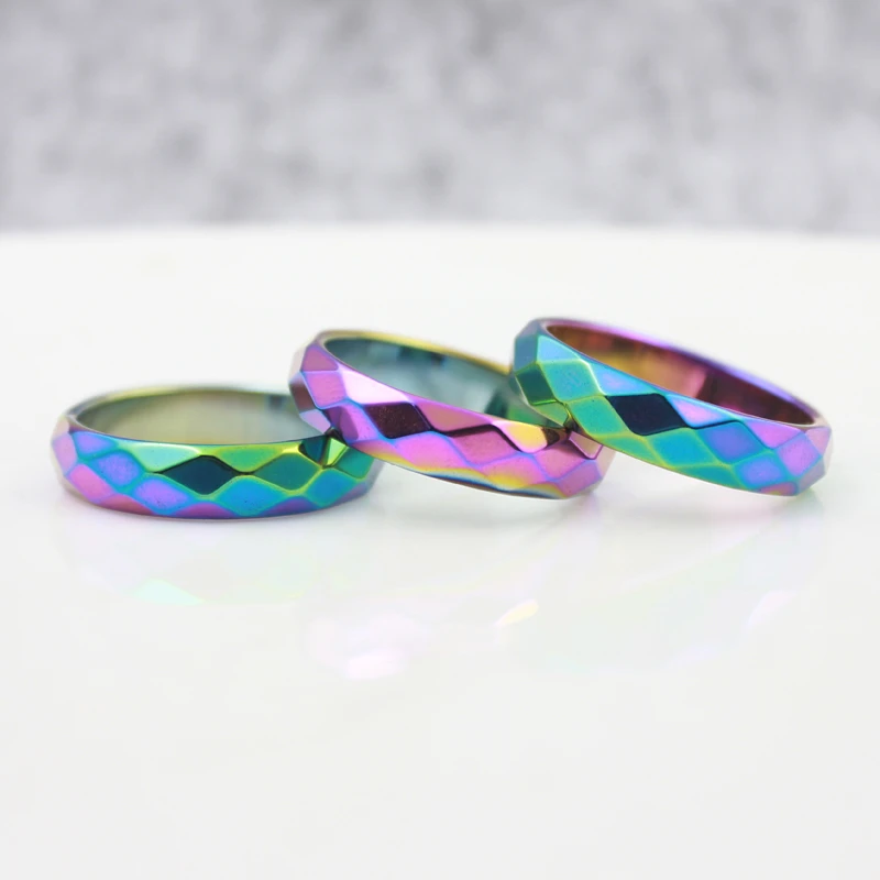 Fashion Jewelry Grade AAA Quality 6 mm Width Faceted Rainbow Color Hematite Rings (50 Pieces)HR1010-1