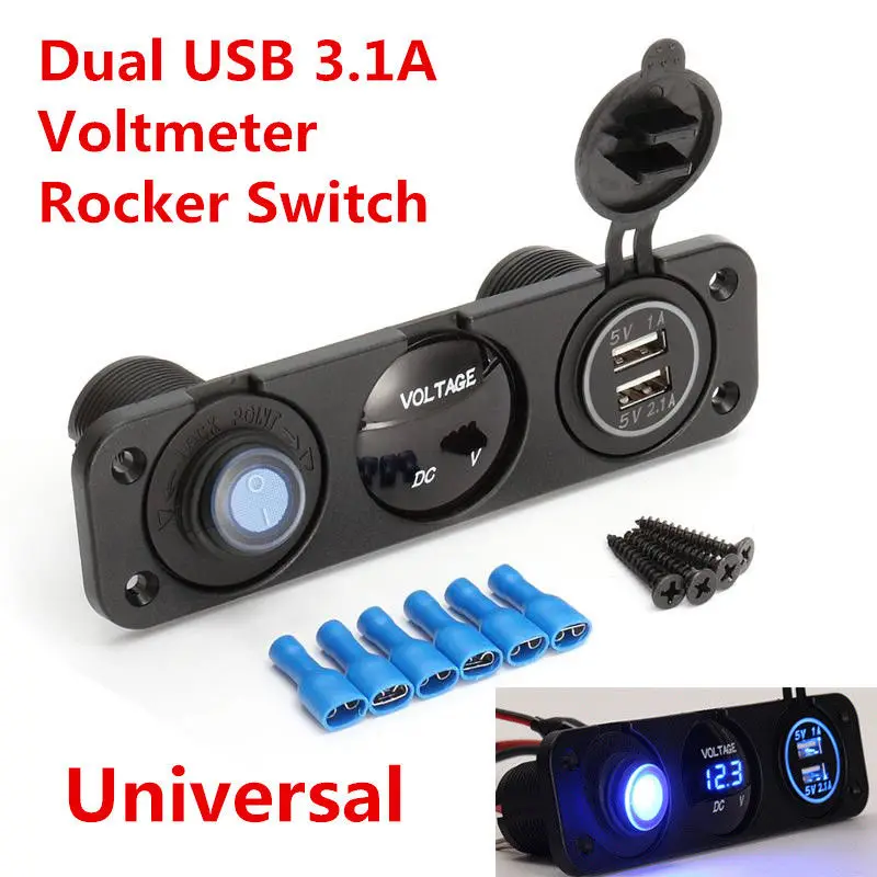 Chargeur double USB 3,1a, interrupteur à bascule, voltmètre, pour iPhone/iPod, GPS, caméra MP3 MP5, cc 12V