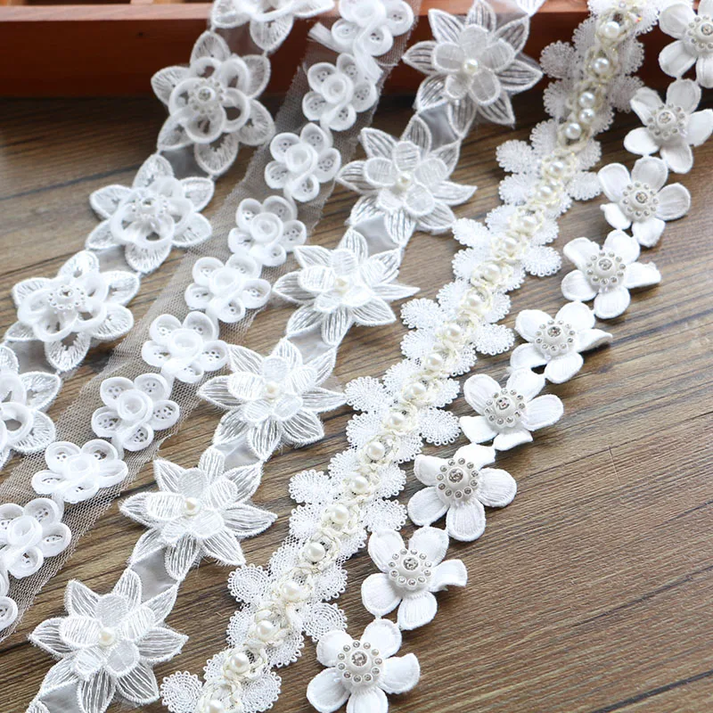 5CM 1 yards Pearl Flower Leaf Handmade Beaded Embroidered Lace  Trim Ribbon Applique Wedding DIY Garment Sewing Accessories