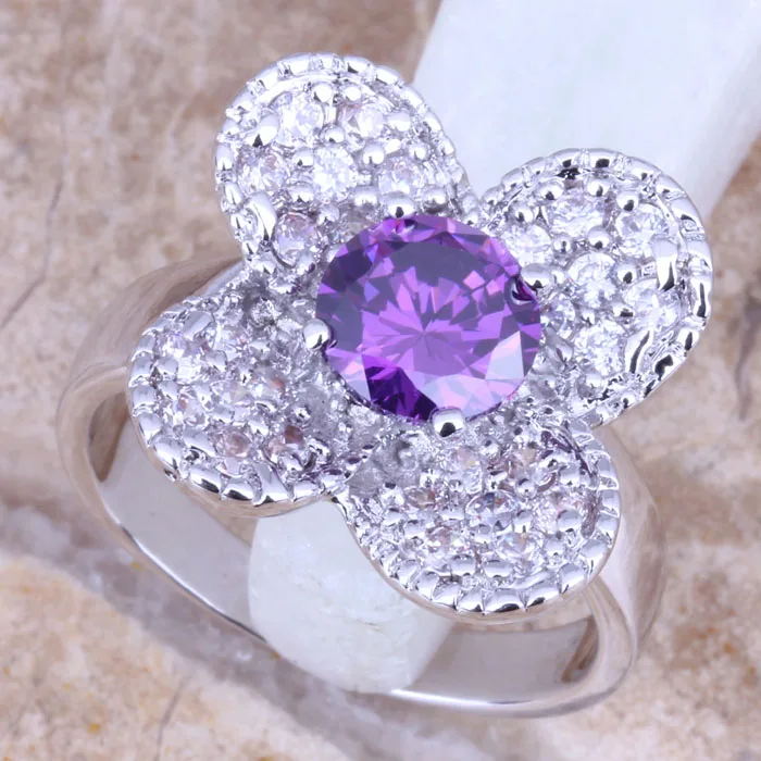 Superb Purple Cubic Zirconia White CZ Silver Plated Women's Ring Size 6 / 7 / 8 / 9 R1096