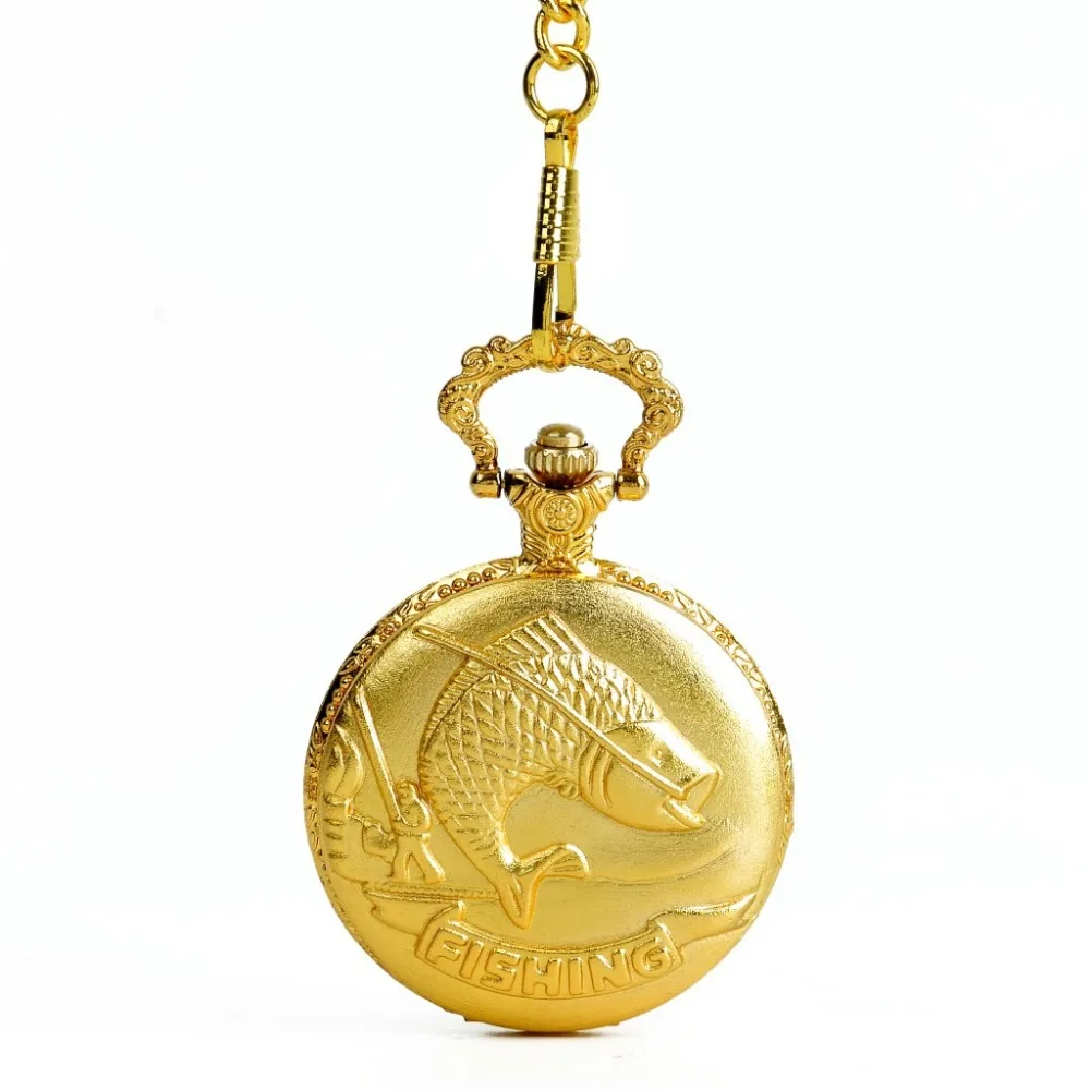 Lucky New Watch Luxry Golen  Fish Theme Full Quartz Fob Gift Design Retro Pendant Pocket Watch Chain