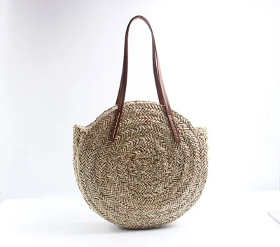 2018 Moroccan Palm Basket Bag Women Hand Woven Round Straw Bags Natural Oval Beach Bag Big Tote Circle Handbag  Fashion