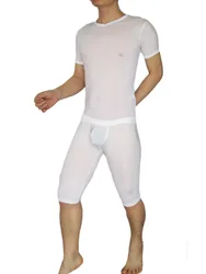 Ropa de dormir para hombre, top de manga corta en u, pantalones de cintura baja, transparentes, 1125a