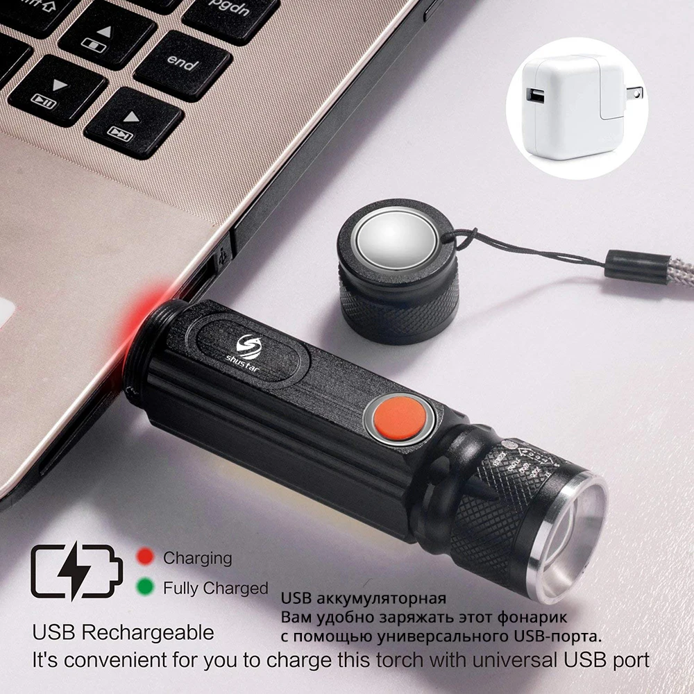 Waterproof Rechargeable LED Flashlight COB Work light Torch 4 lighting modes Support zoom Used for camping, cycling, work, etc