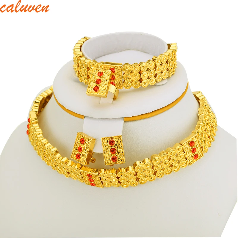 Gold Color Ethiopian Jewelry Women Chokers Necklace/Earrings/Ring/Bracelet Sets Eritrea Habesha Africa Wedding Bride Gift