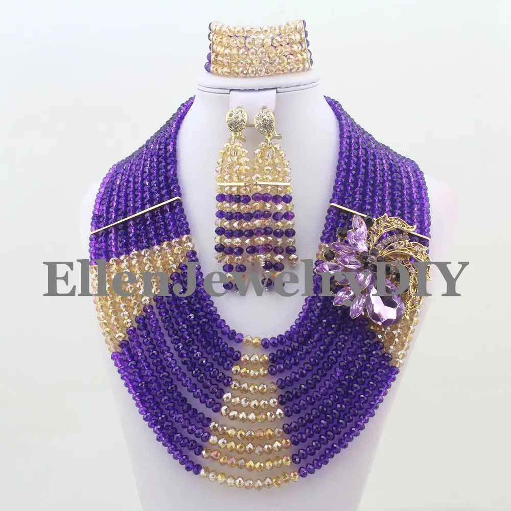 

2019 African Beads Jewelry Set Nigerian Wedding Party African Purple Champagne Jewelry Sets Crystal Beaded Jewelry Sets W10081