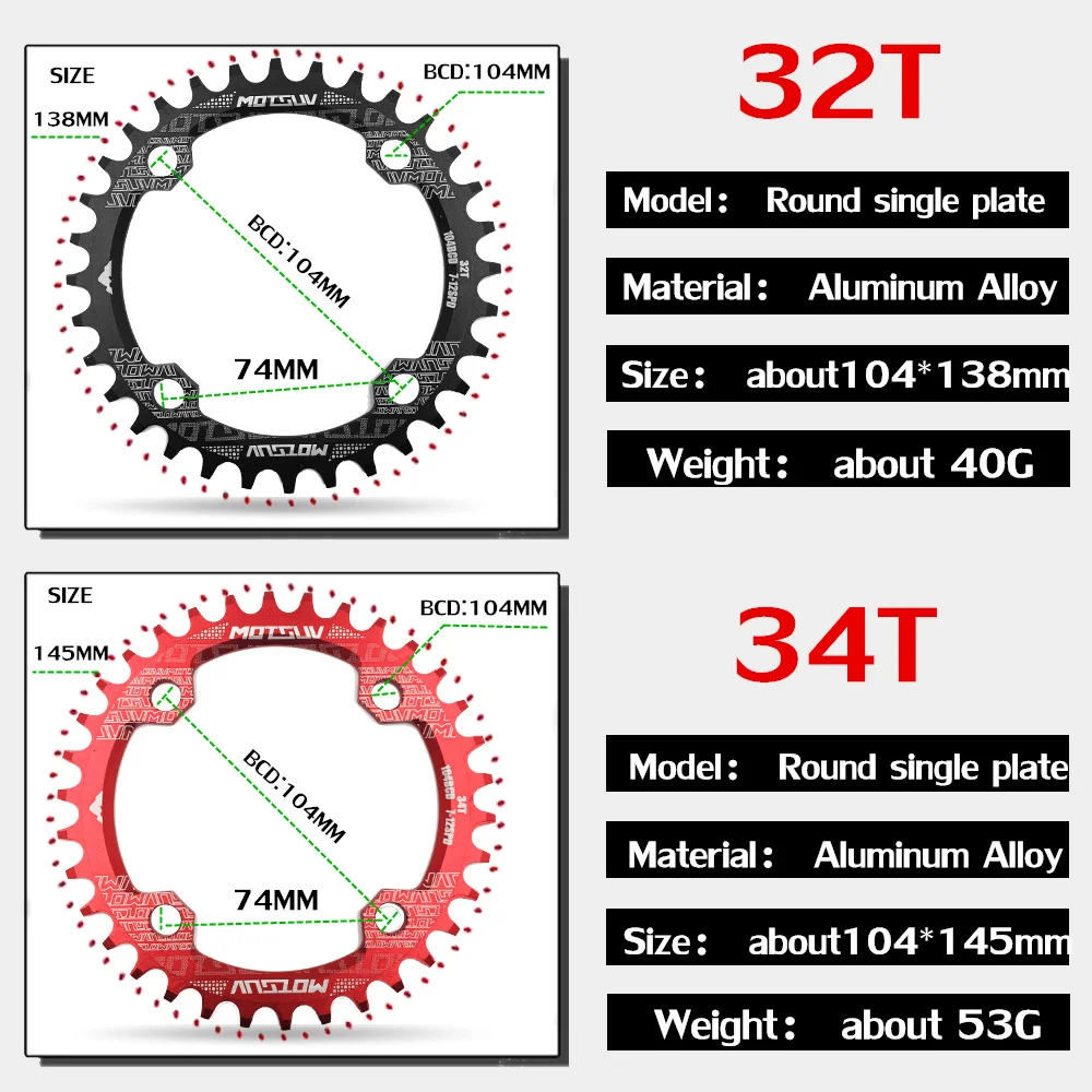 MOTSUV Rundes schmales breites Kettenblatt MTB Mountainbike Fahrrad 104BCD 32T 34T 36T 38T Kurbelgarnitur Zahnplatte Teile 104 BCD