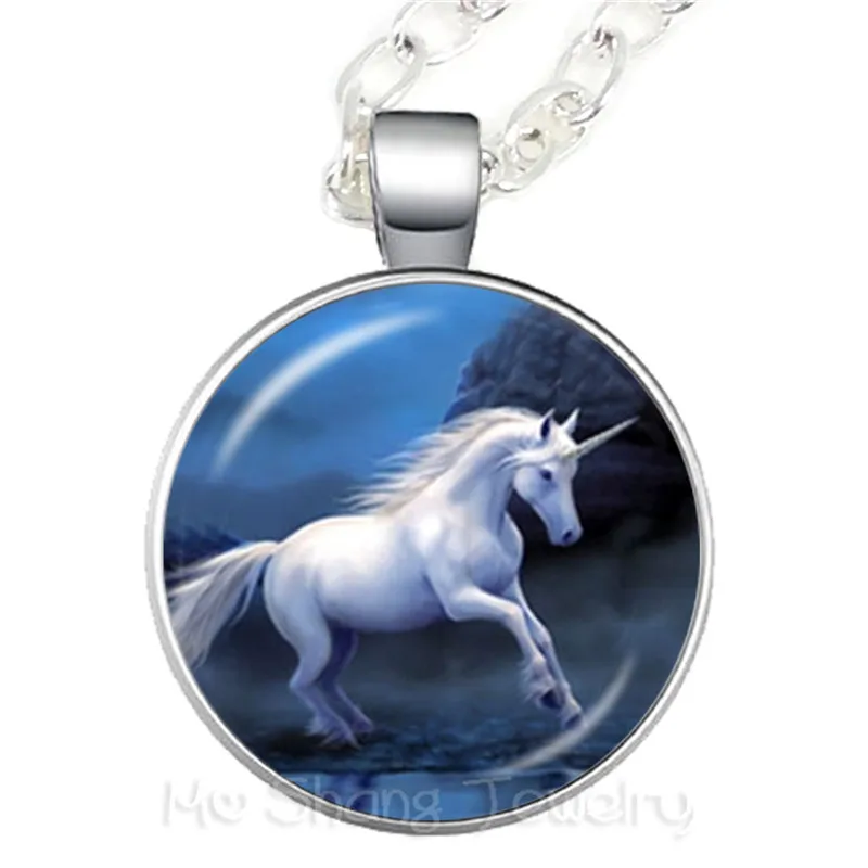 Glass Necklace Fashion Unicorn Art Pendant Glass Photo Cabochon Dome Jewelry Time Gem Sweater chain Gift For Horse Lover