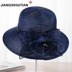 jiangxihuitian 2018 new Pearls Sun-shading Hat Female Summer lace Flowers Sun Hat Anti-uv Beach Hat Folding Wide Church hat