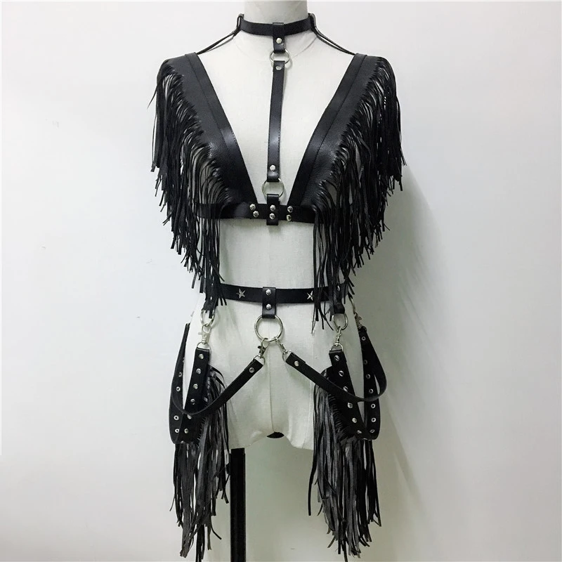 

Gothic Punk Body Bondage Garter Set Long Tassel Bra Harness Pentagram Rivet Rave Garters Belts PU Leather Sexy Lady Matching Set