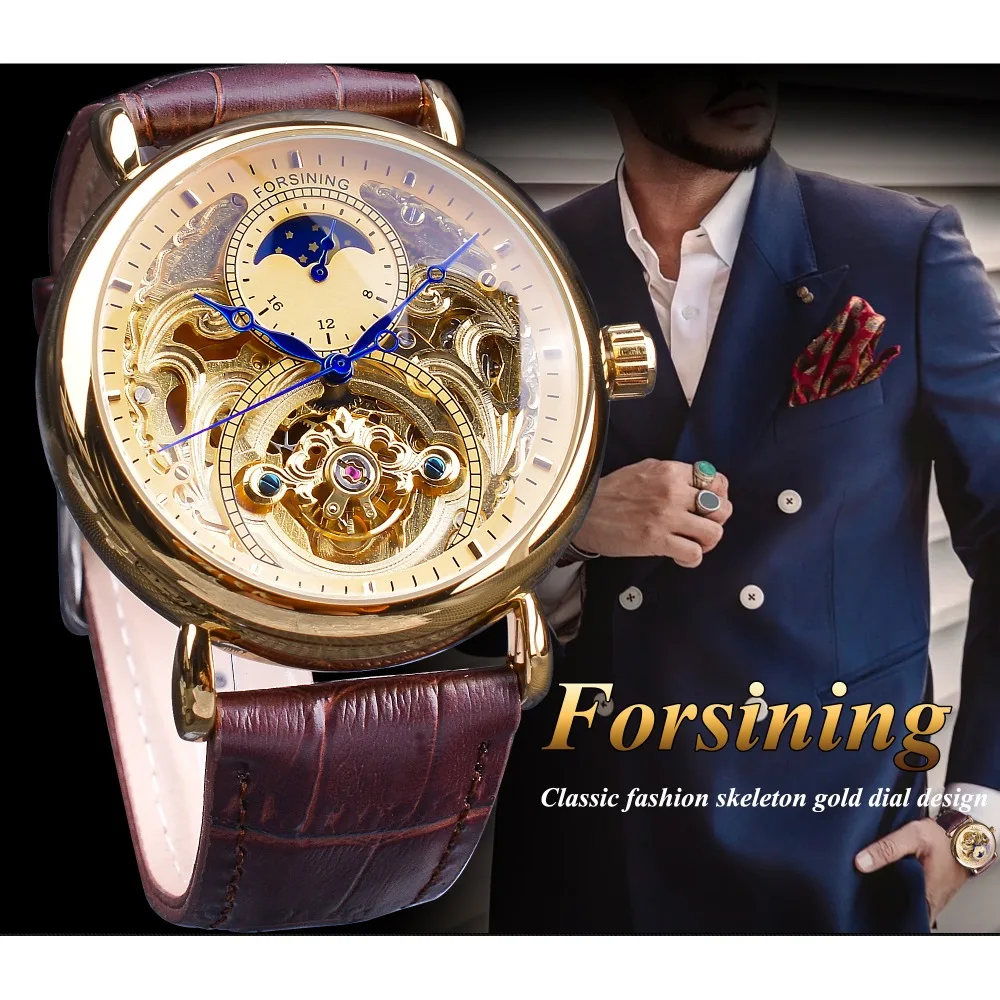 Forsining – montre-bracelet mécanique pour hommes, affichage squelette doré Royal, aiguilles bleues, marron, ceinture en cuir véritable, horloge