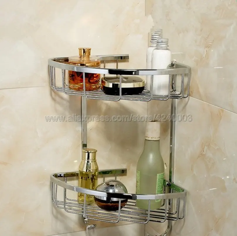 Bathroom Shelves Chrome Shower Corner Shelf Towel Hooks Shampoo Cosmetic Rack Wall Mount Bathroom Holder Bath Basket Kba525