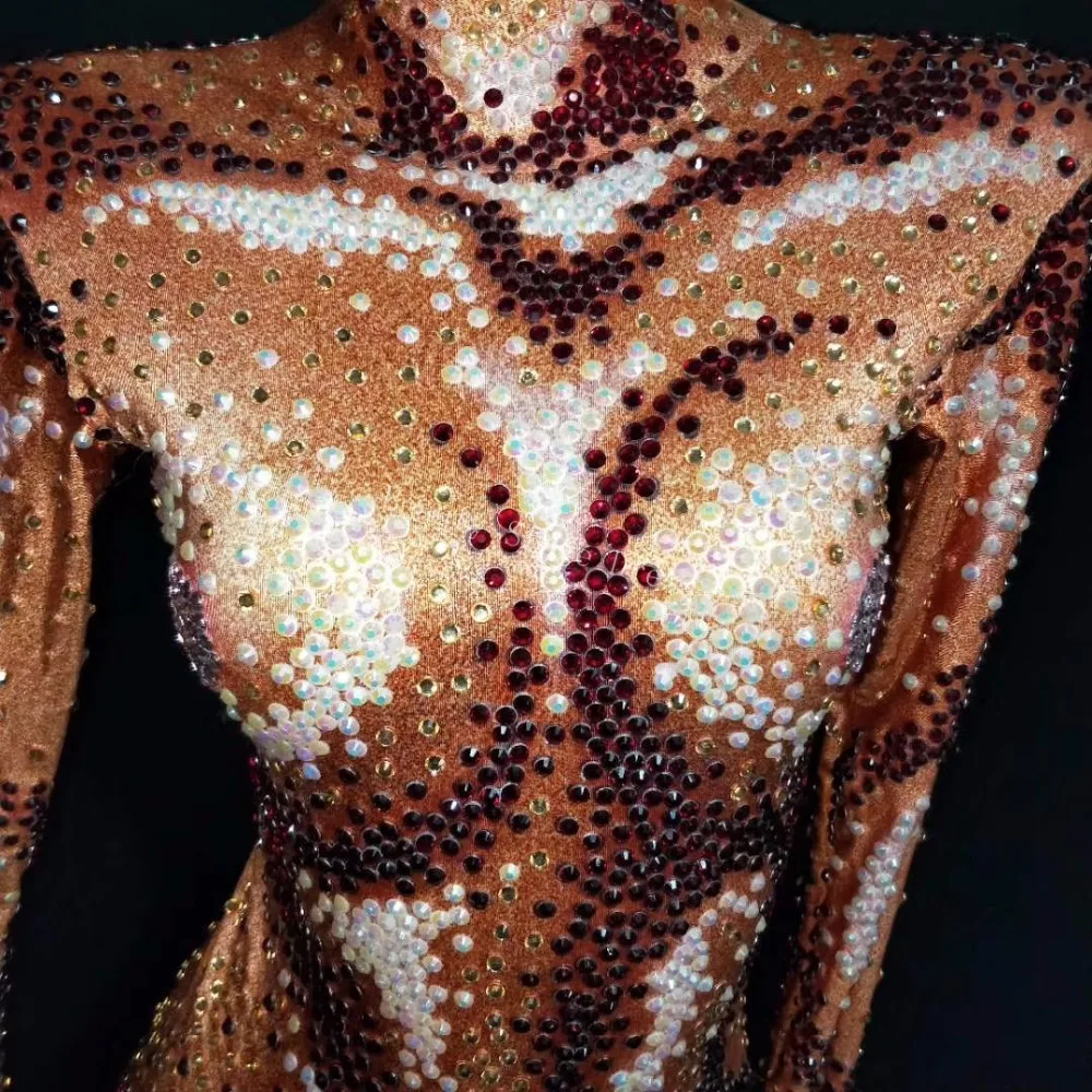 Gemerlapan AB Manik-manik Orange Bodysuit Seksi Besar Stretch Pakaian Klub Malam Bersinar Rhinestones Ds Kostum Penyanyi Leotard Dansa