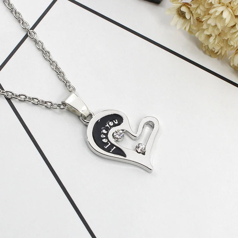 2 Piece Set I Love You Heart-Shaped Mosaic Necklace Set Ladies Couple Jewelry Hollow  Broken Heart Alloy Pendant Gift