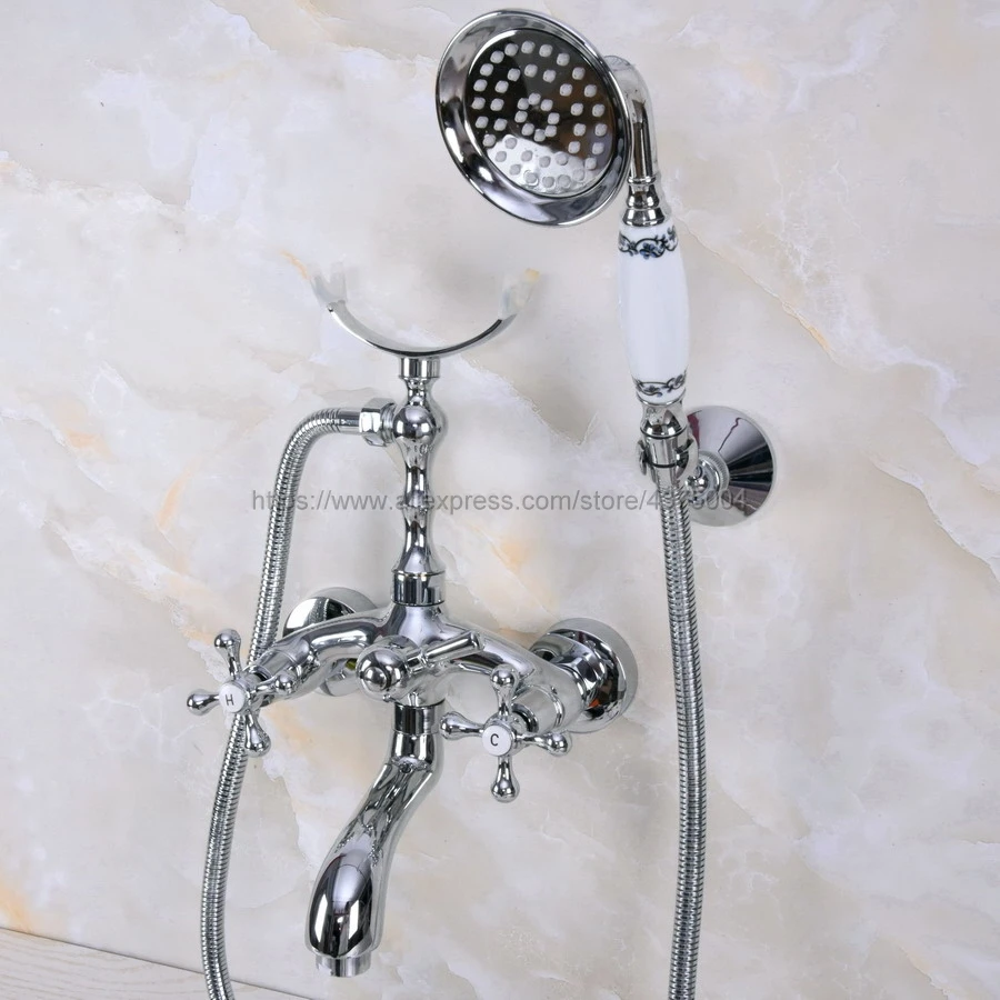 Polished Chrome Bathtub Mixer Faucet Dual Handle Bath Shower Set with Hand Shower Swivel Tub Spout Nna231