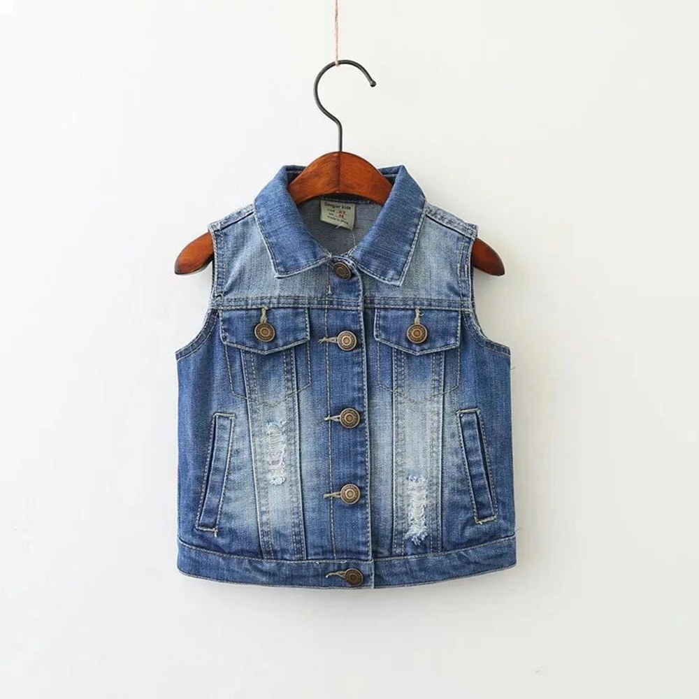 3-14T Top Quality Brand Spring Kids Vest Jeans Jacket Denim Outerwear Flower Printed Clothes Kids Jeans Vest  Children Clothing