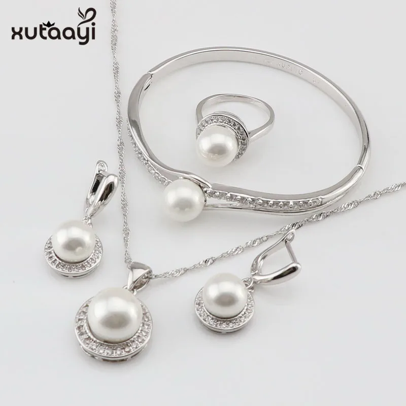 XUTAAYI White Simulated-Pearl White CZ  Sterling Silver Jewelry Sets For Women Necklace Pendant Drop Earrings Rings Gift box