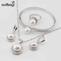 XUTAAYI White Simulated-Pearl White CZ Sterling Silver Jewelry Sets For Women Necklace Pendant Drop Earrings Rings Gift box